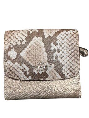 Coach Metallic Champagne Python Print Leather Trifold Wallet | EUC